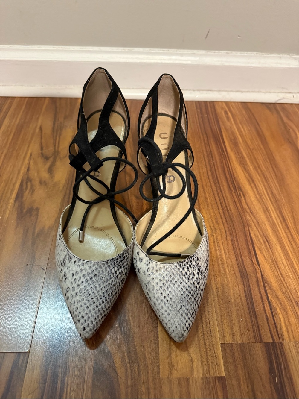 Unisa Two-Tone Snake-Print Pointed Lace-Up Heels - Black & Beige